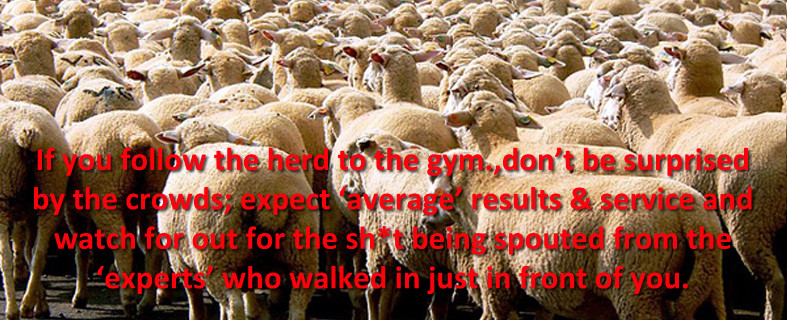 If you follow the herd to the gym.,don’t be surprised by the crowds; expect ‘average’ results & service and watch for out for the sh*t being spouted from the ‘experts’ who walked in just in front of you.